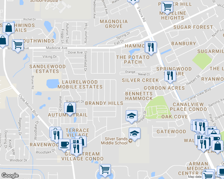 map of restaurants, bars, coffee shops, grocery stores, and more near 267 Manhattan Way in Port Orange