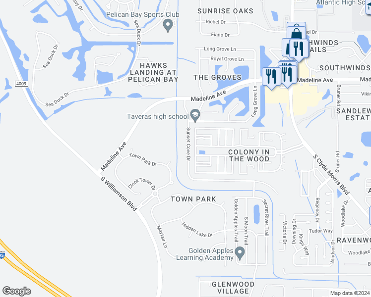 map of restaurants, bars, coffee shops, grocery stores, and more near 3848 Sunset Cove Drive in Port Orange