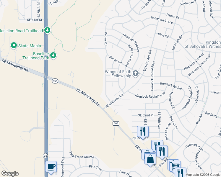 map of restaurants, bars, coffee shops, grocery stores, and more near 6 Pecan Course Circle in Ocala