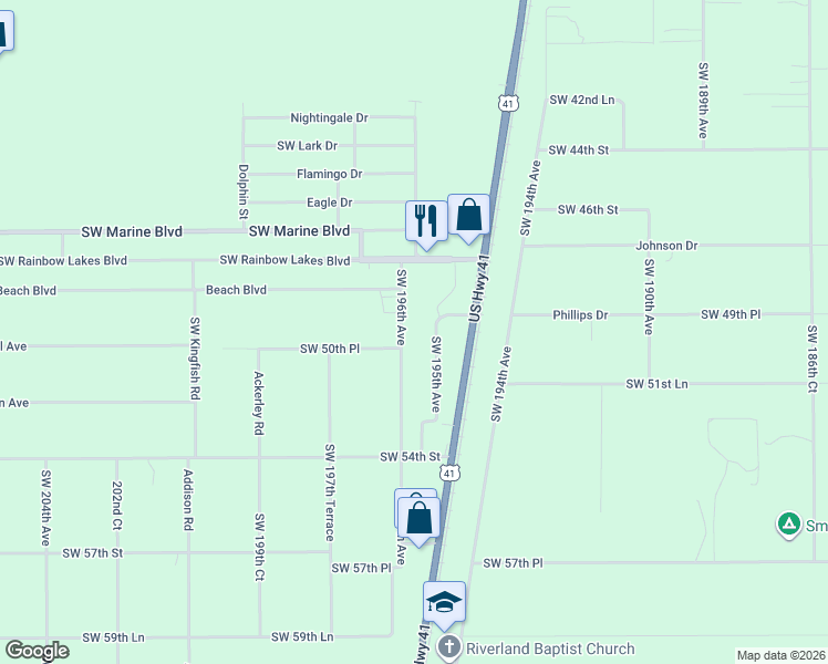 map of restaurants, bars, coffee shops, grocery stores, and more near 5059 Southwest 196th Avenue in Dunnellon