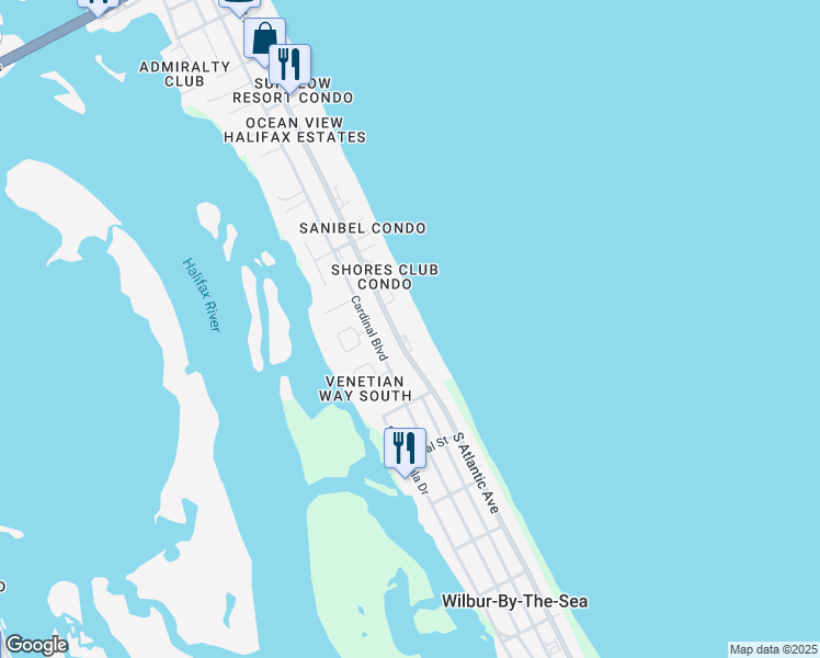 map of restaurants, bars, coffee shops, grocery stores, and more near 3865 South Atlantic Avenue in Daytona Beach