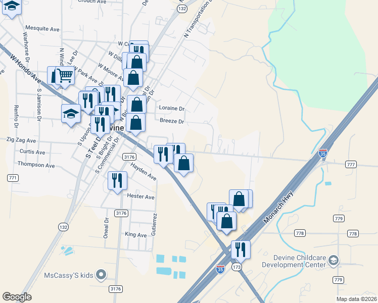 map of restaurants, bars, coffee shops, grocery stores, and more near 531 Rossville Road in Devine