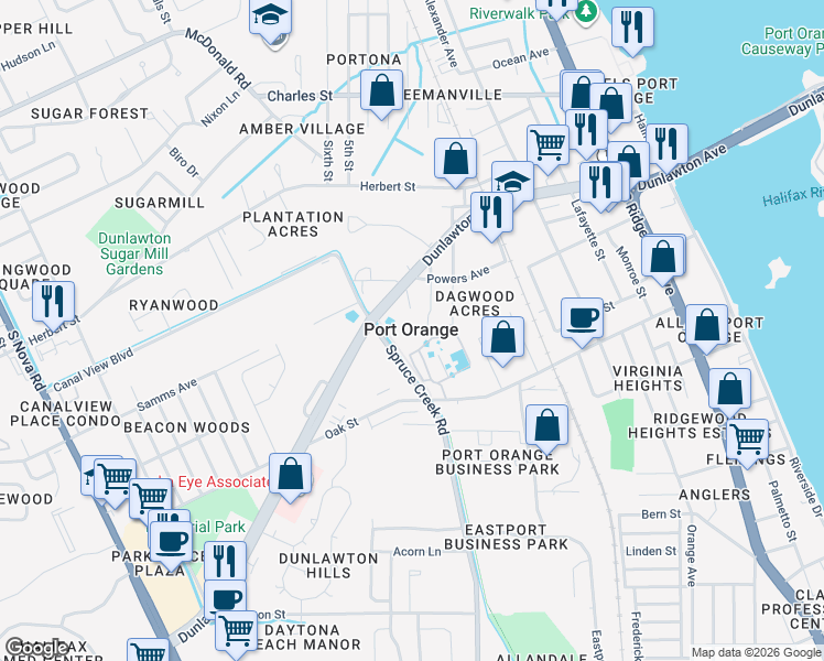 map of restaurants, bars, coffee shops, grocery stores, and more near in Port Orange