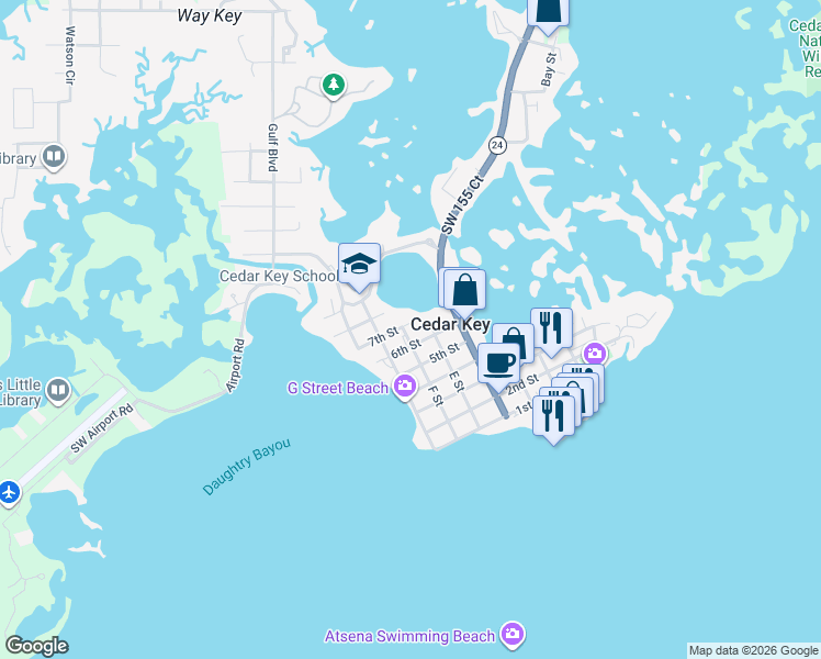 map of restaurants, bars, coffee shops, grocery stores, and more near 781 7th Street in Cedar Key