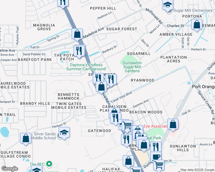 map of restaurants, bars, coffee shops, grocery stores, and more near 17 Springwood Square in Port Orange