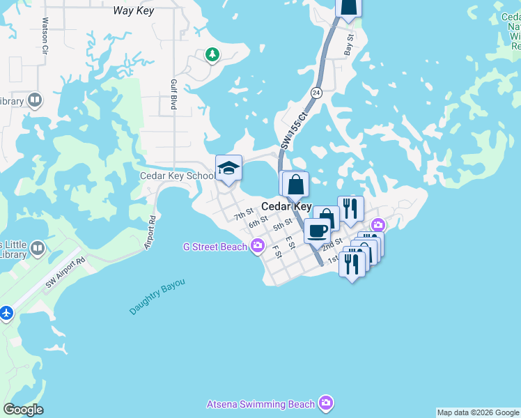 map of restaurants, bars, coffee shops, grocery stores, and more near 781 7th Street in Cedar Key