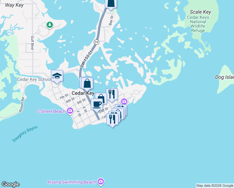 map of restaurants, bars, coffee shops, grocery stores, and more near 6031 A Street in Cedar Key
