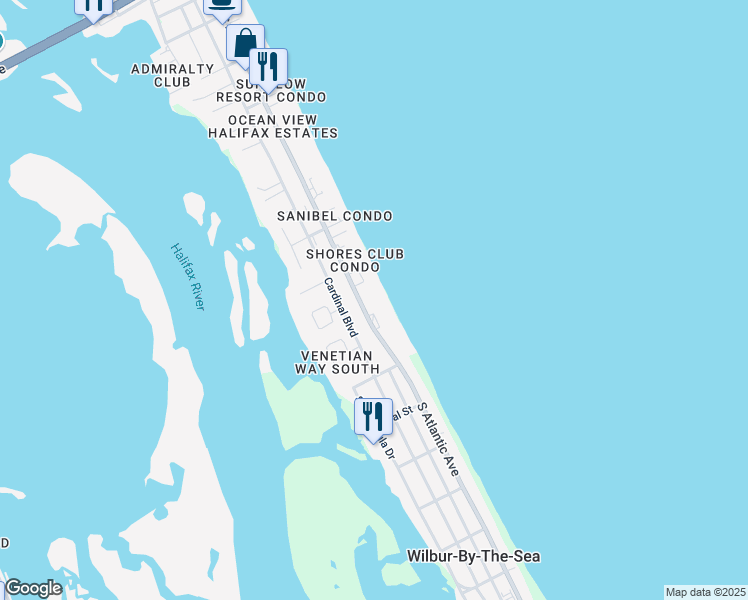 map of restaurants, bars, coffee shops, grocery stores, and more near 3843 South Atlantic Avenue in Daytona Beach