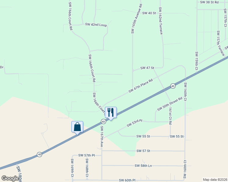 map of restaurants, bars, coffee shops, grocery stores, and more near 16573 Southwest 47th Place Road in Ocala