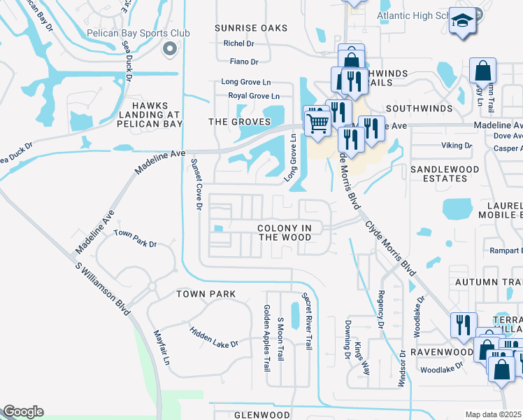 map of restaurants, bars, coffee shops, grocery stores, and more near 12 Cedar in the Wood in Port Orange