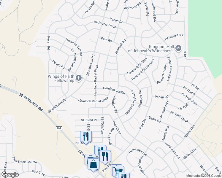 map of restaurants, bars, coffee shops, grocery stores, and more near 32 Hemlock Radial in Ocala
