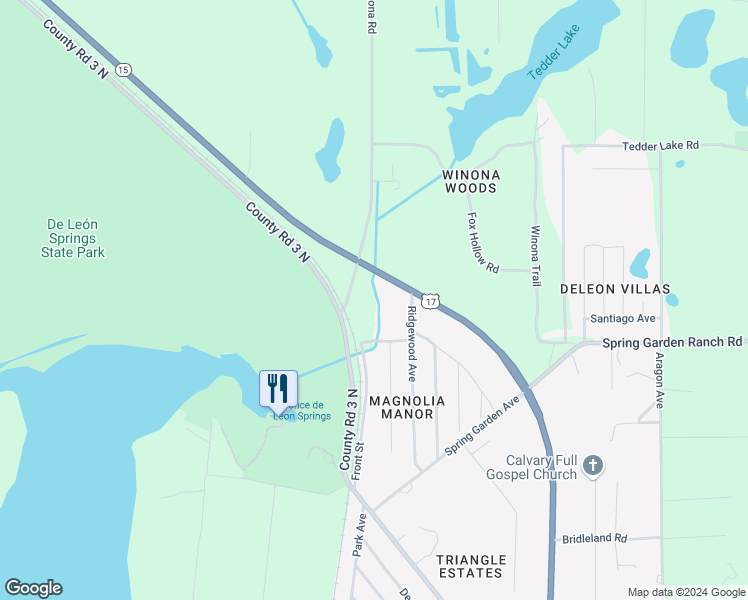 map of restaurants, bars, coffee shops, grocery stores, and more near 5707 Lake Winona Road in De Leon Springs