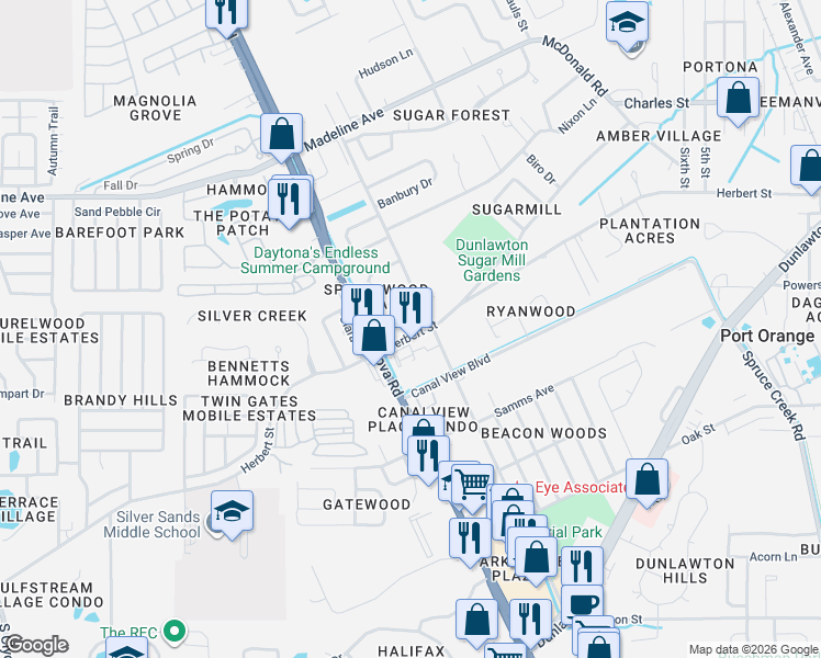 map of restaurants, bars, coffee shops, grocery stores, and more near 3656 Jackson Street in Port Orange