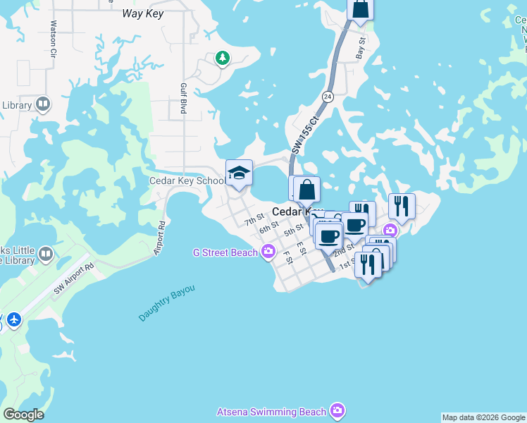map of restaurants, bars, coffee shops, grocery stores, and more near 781 7th Street in Cedar Key