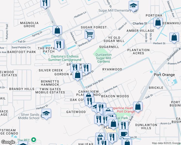map of restaurants, bars, coffee shops, grocery stores, and more near 833 Herbert Street in Port Orange