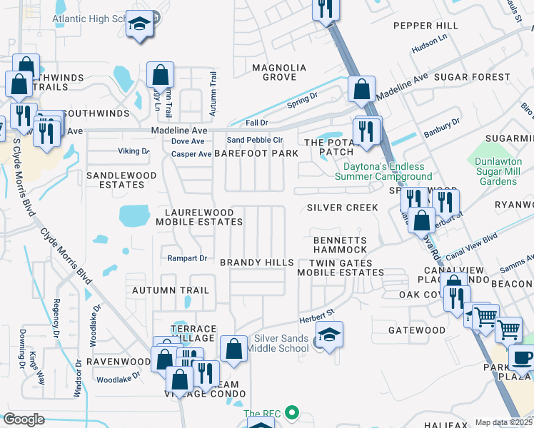 map of restaurants, bars, coffee shops, grocery stores, and more near 213 Peppermint Way in Port Orange