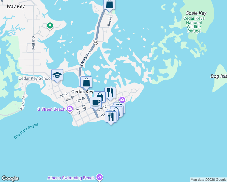 map of restaurants, bars, coffee shops, grocery stores, and more near 6031 A Street in Cedar Key