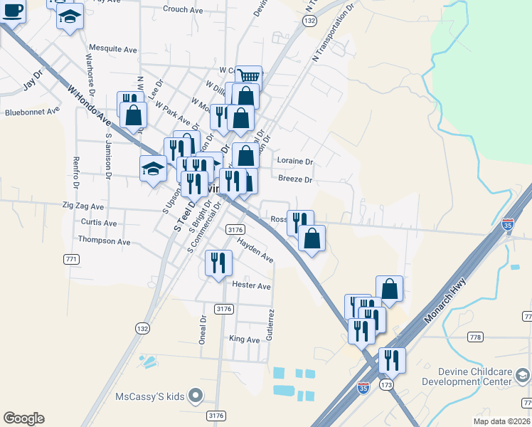 map of restaurants, bars, coffee shops, grocery stores, and more near 605 Briscoe Avenue in Devine