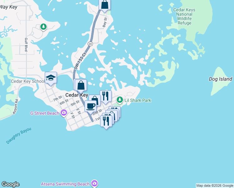 map of restaurants, bars, coffee shops, grocery stores, and more near 7041 Depot Street in Cedar Key