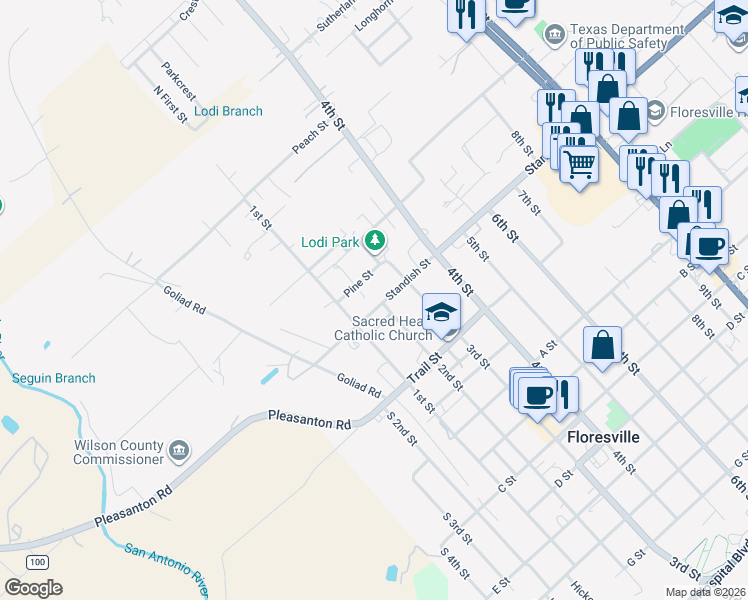 map of restaurants, bars, coffee shops, grocery stores, and more near 1001 Standish Street in Floresville