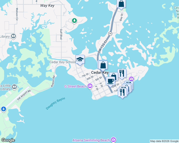 map of restaurants, bars, coffee shops, grocery stores, and more near 781 7th Street in Cedar Key