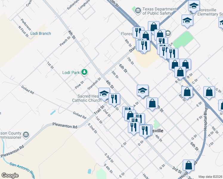 map of restaurants, bars, coffee shops, grocery stores, and more near 926 4th Street in Floresville