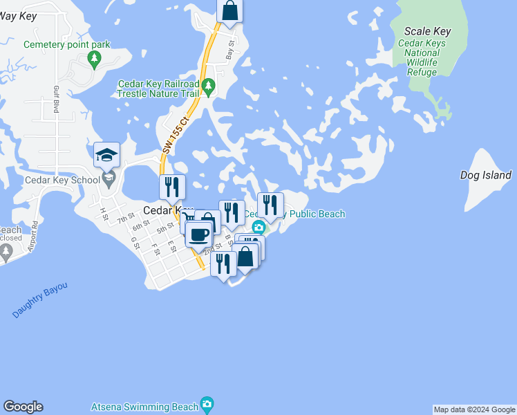 map of restaurants, bars, coffee shops, grocery stores, and more near 7041 Depot Street in Cedar Key
