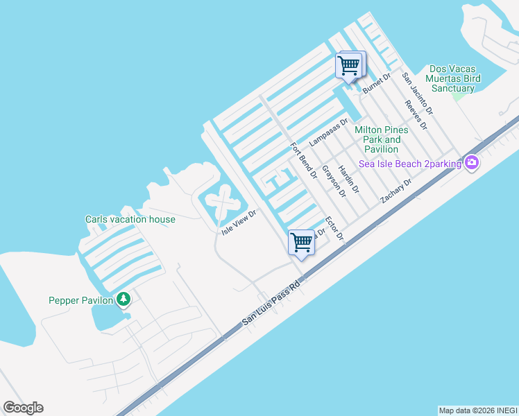 map of restaurants, bars, coffee shops, grocery stores, and more near 4301 Nueces Drive in Galveston