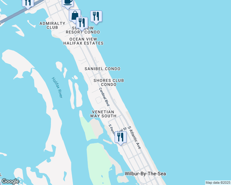 map of restaurants, bars, coffee shops, grocery stores, and more near 3843 South Atlantic Avenue in Daytona Beach