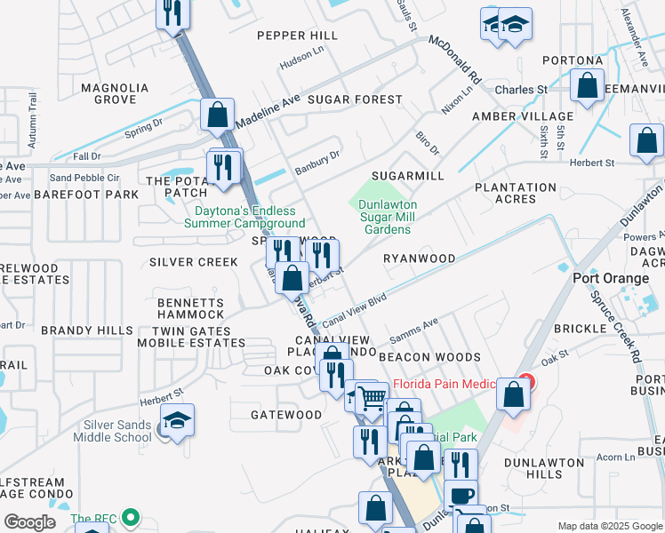 map of restaurants, bars, coffee shops, grocery stores, and more near 3656 Jackson Street in Port Orange