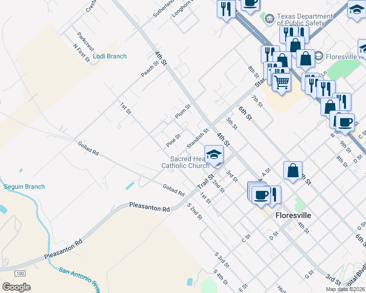 map of restaurants, bars, coffee shops, grocery stores, and more near 1001 Standish St in Floresville
