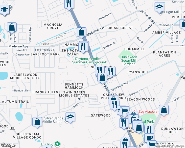 map of restaurants, bars, coffee shops, grocery stores, and more near 1034 Gordon Street in Port Orange