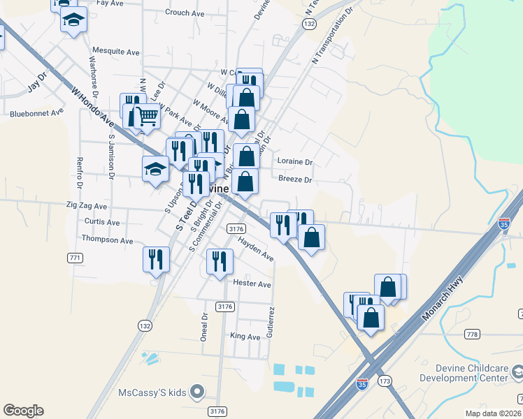 map of restaurants, bars, coffee shops, grocery stores, and more near 605 Briscoe Avenue in Devine