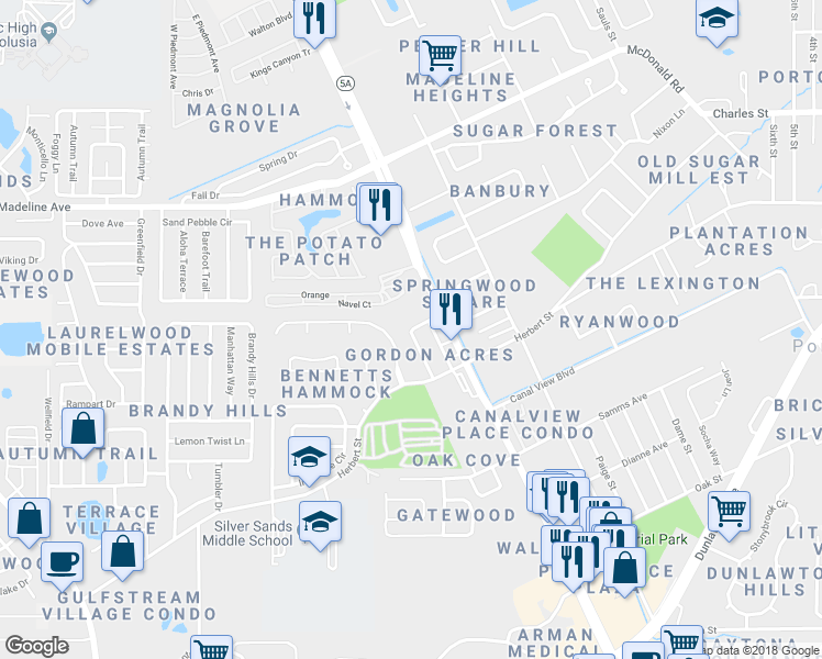 map of restaurants, bars, coffee shops, grocery stores, and more near 1027 Gordon Street in Port Orange