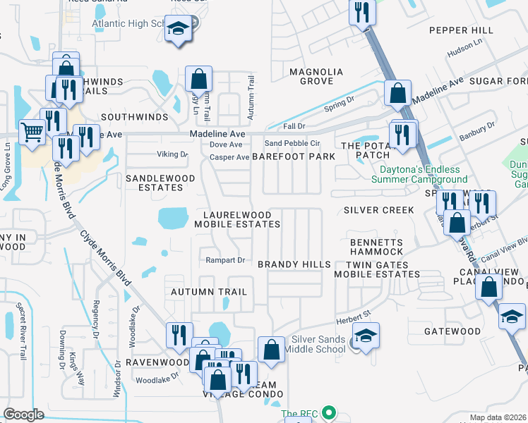 map of restaurants, bars, coffee shops, grocery stores, and more near 152 Brandy Hills Drive in Port Orange