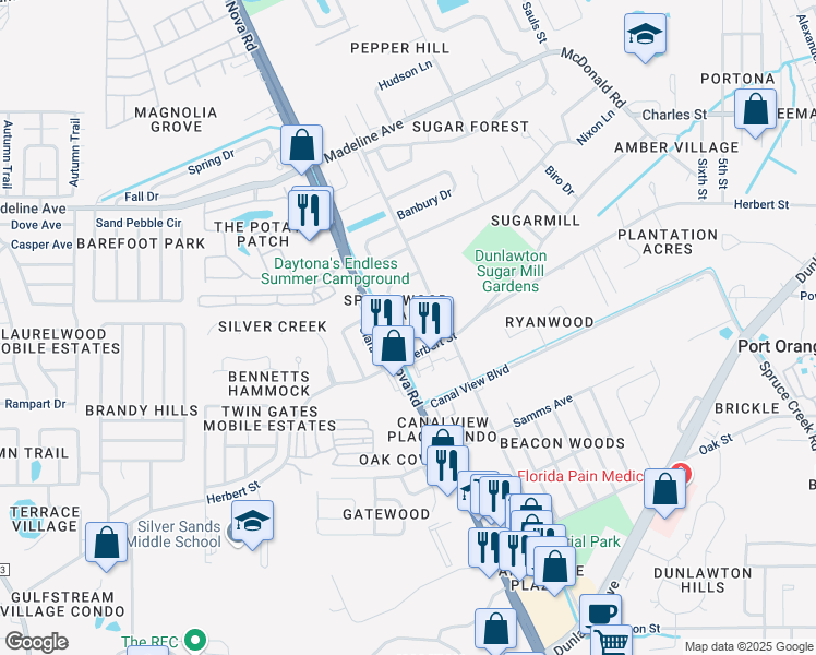 map of restaurants, bars, coffee shops, grocery stores, and more near 17 Springwood Square in Port Orange