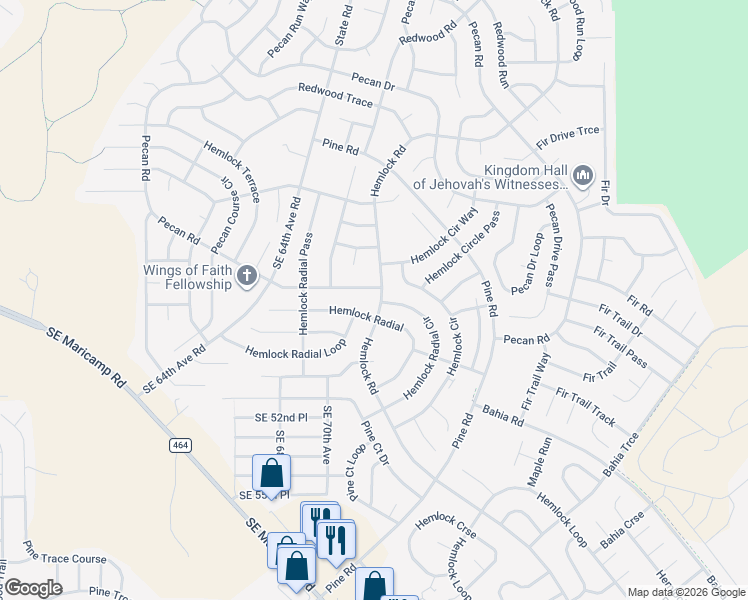 map of restaurants, bars, coffee shops, grocery stores, and more near 6682 Hemlock Road in Ocala