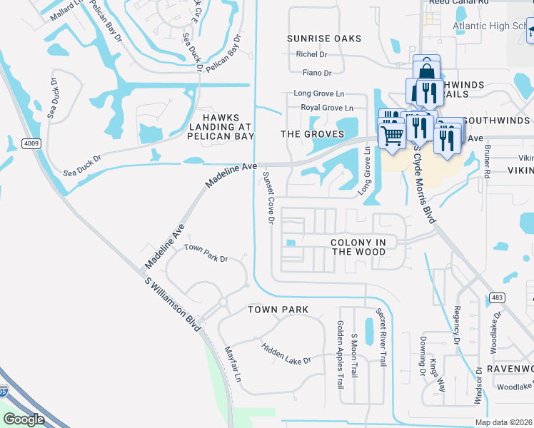 map of restaurants, bars, coffee shops, grocery stores, and more near 3832 Sunset Cove Drive in Port Orange