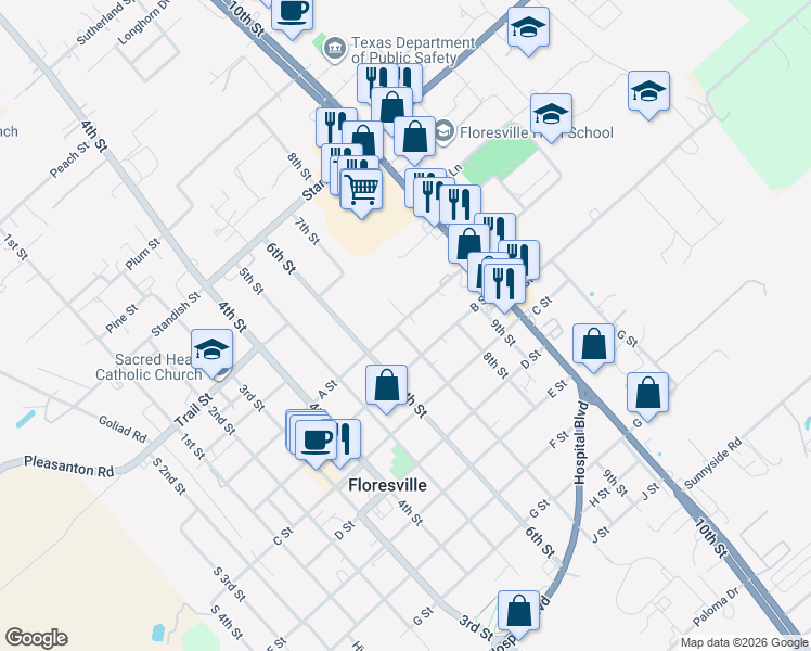 map of restaurants, bars, coffee shops, grocery stores, and more near 1202 7th St in Floresville