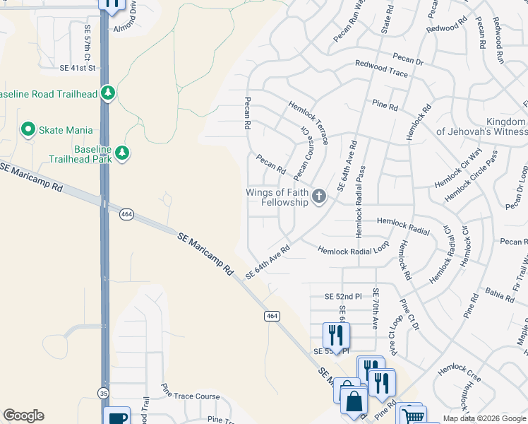 map of restaurants, bars, coffee shops, grocery stores, and more near 7 Pecan Course Lane in Ocala
