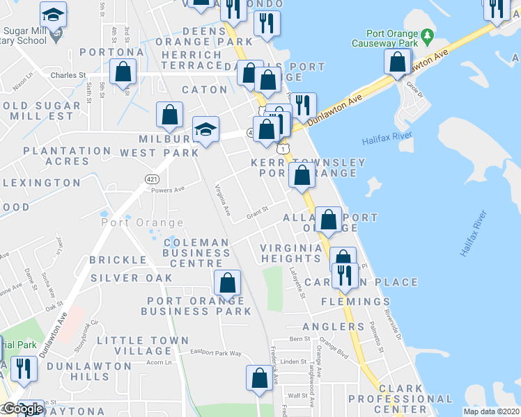 map of restaurants, bars, coffee shops, grocery stores, and more near 303 Grant Street in Port Orange