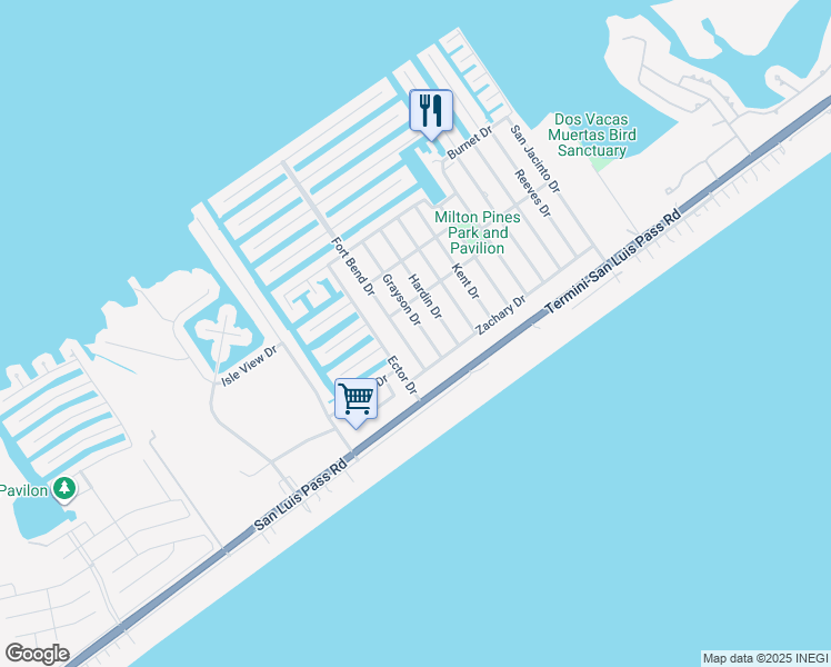 map of restaurants, bars, coffee shops, grocery stores, and more near 4202 Grayson Drive in Galveston