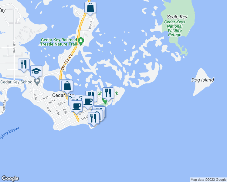 map of restaurants, bars, coffee shops, grocery stores, and more near 11 Old Mill Drive in Cedar Key