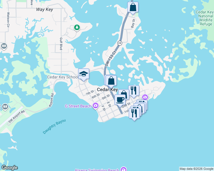 map of restaurants, bars, coffee shops, grocery stores, and more near in Cedar Key
