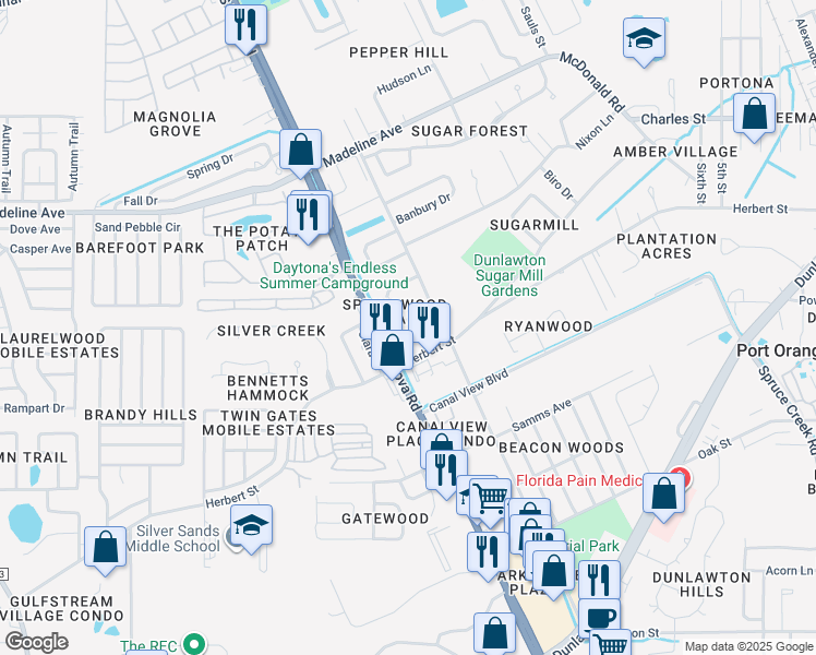 map of restaurants, bars, coffee shops, grocery stores, and more near 15 Springwood Square in Port Orange