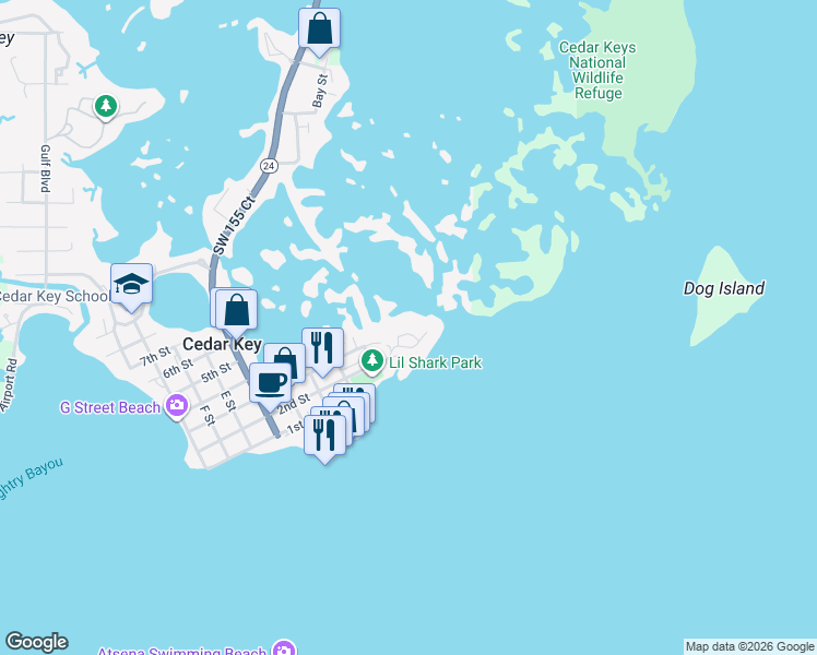 map of restaurants, bars, coffee shops, grocery stores, and more near 11 Old Mill Drive in Cedar Key