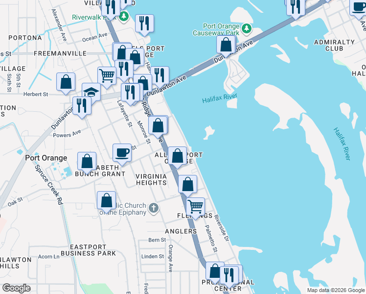 map of restaurants, bars, coffee shops, grocery stores, and more near 4444 Halifax Drive in Port Orange