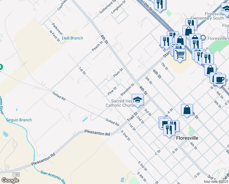 map of restaurants, bars, coffee shops, grocery stores, and more near 1001 Standish Street in Floresville