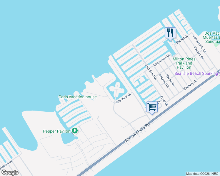 map of restaurants, bars, coffee shops, grocery stores, and more near 3906 Bridge Harbor Drive in Galveston