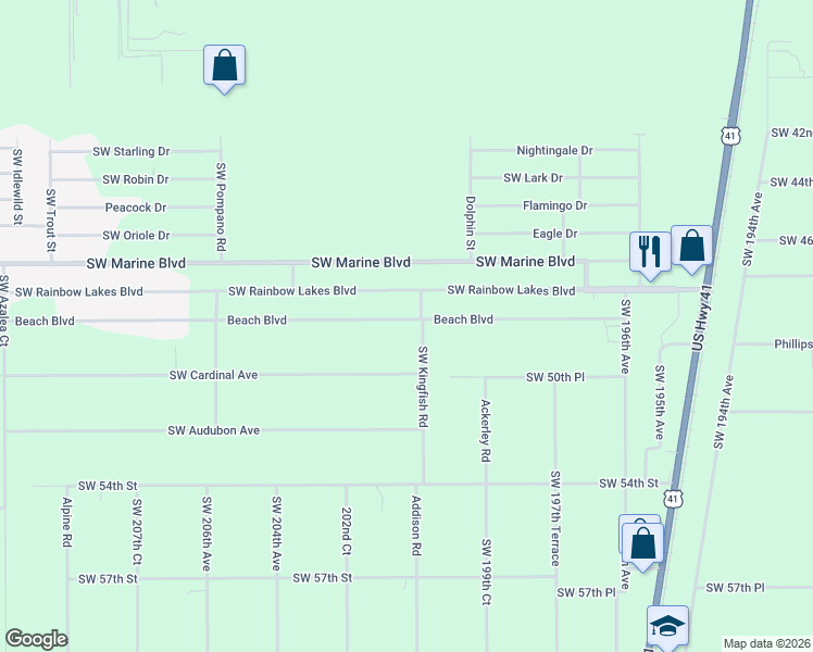 map of restaurants, bars, coffee shops, grocery stores, and more near 20100-20200 Beach Boulevard in Dunnellon